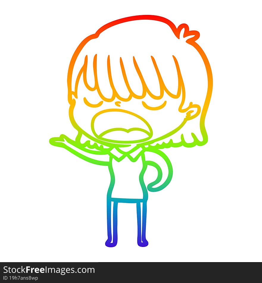 rainbow gradient line drawing of a cartoon woman talking loudly