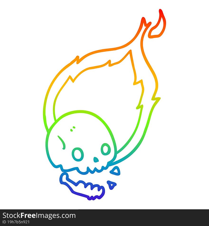 rainbow gradient line drawing of a spooky cartoon flaming skull