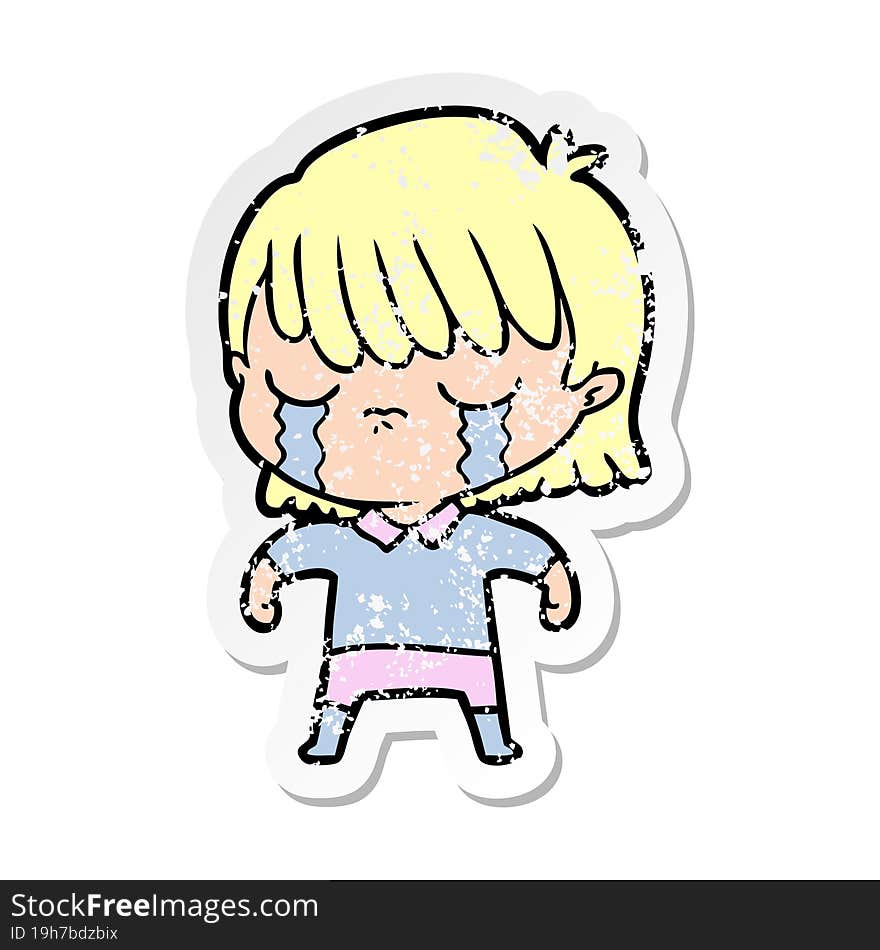 distressed sticker of a cartoon woman crying