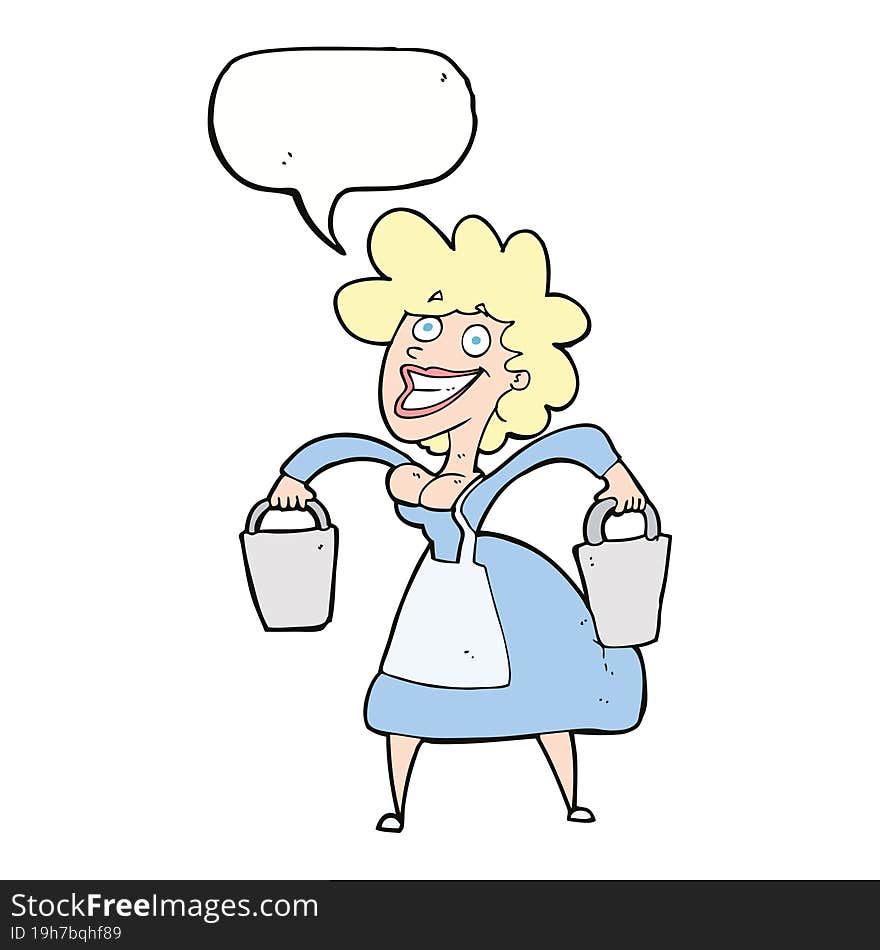 cartoon milkmaid carrying buckets with speech bubble