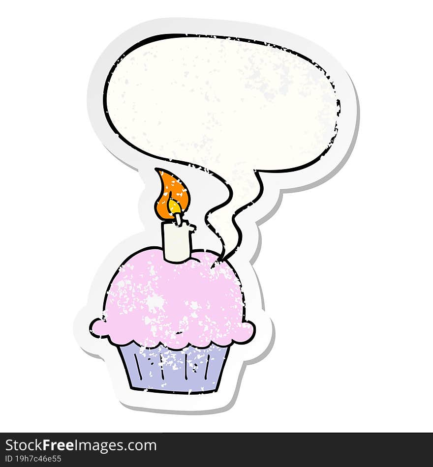 cartoon birthday cupcake and speech bubble distressed sticker