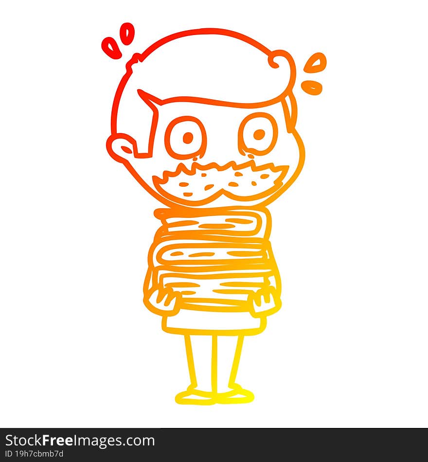 warm gradient line drawing cartoon man with mustache and books