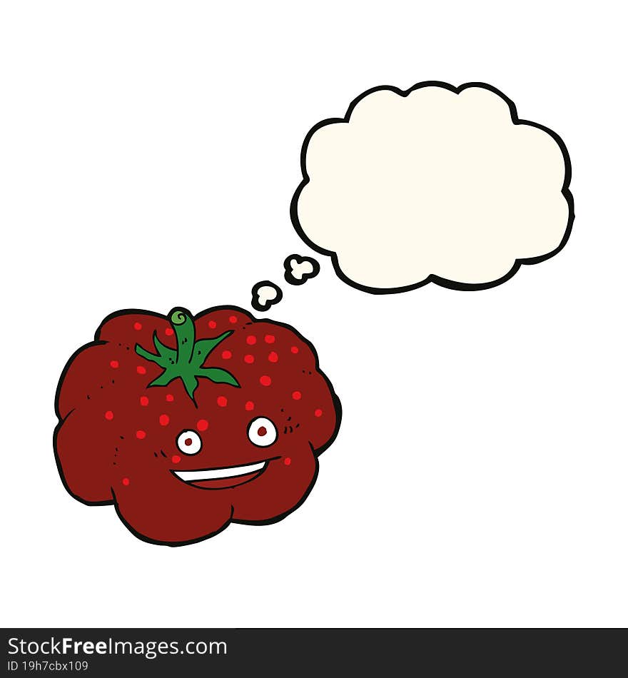 cartoon happy tomato with thought bubble