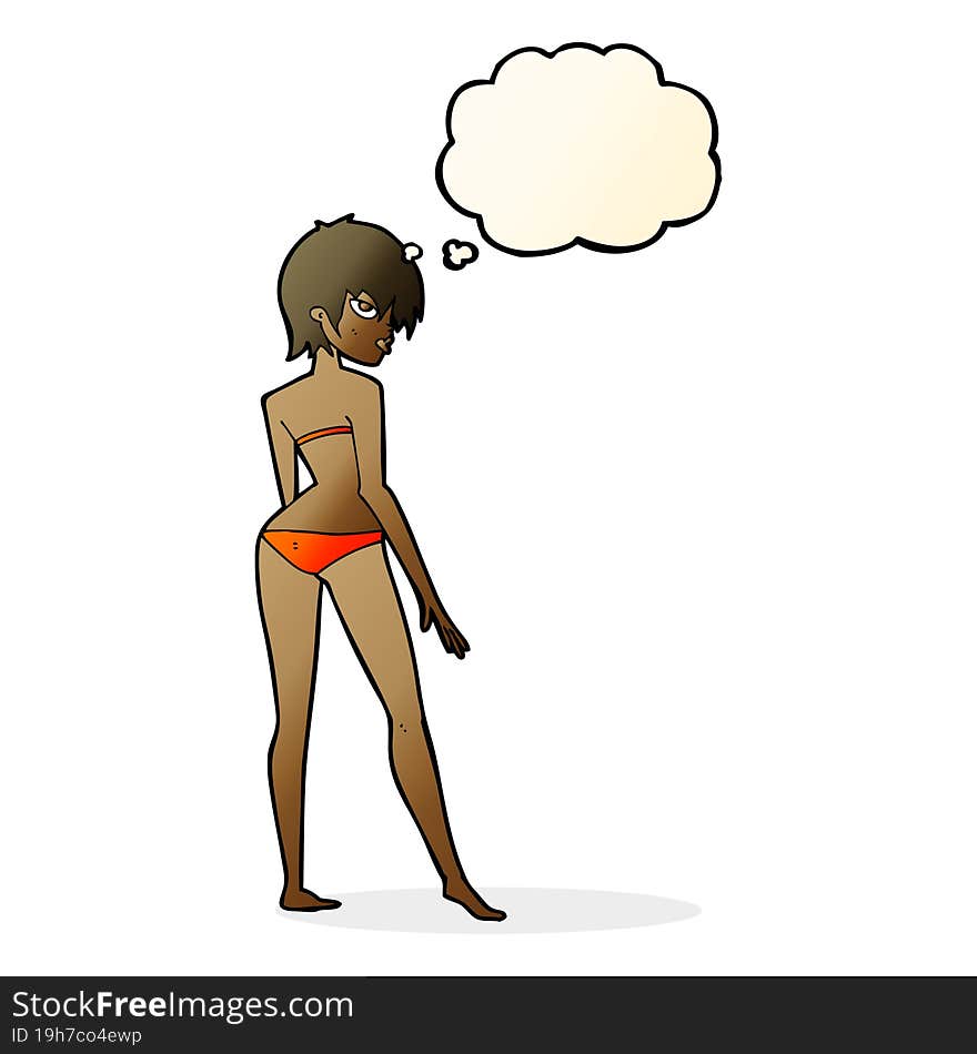 cartoon woman in bikini with thought bubble