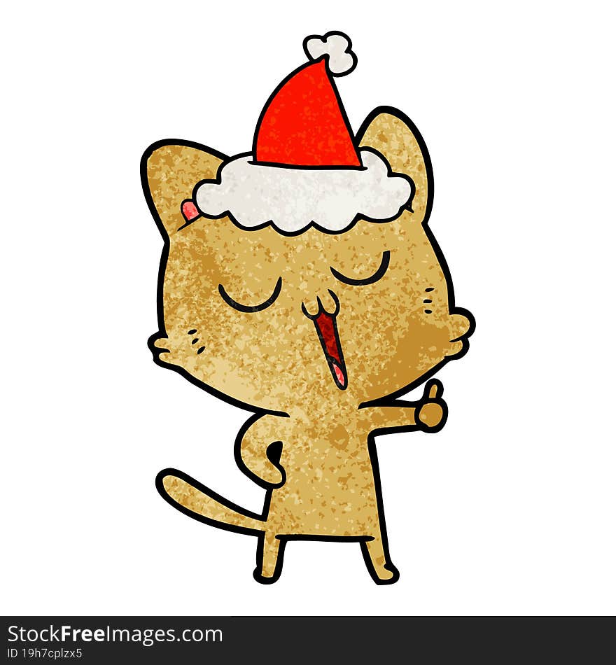 textured cartoon of a cat singing wearing santa hat