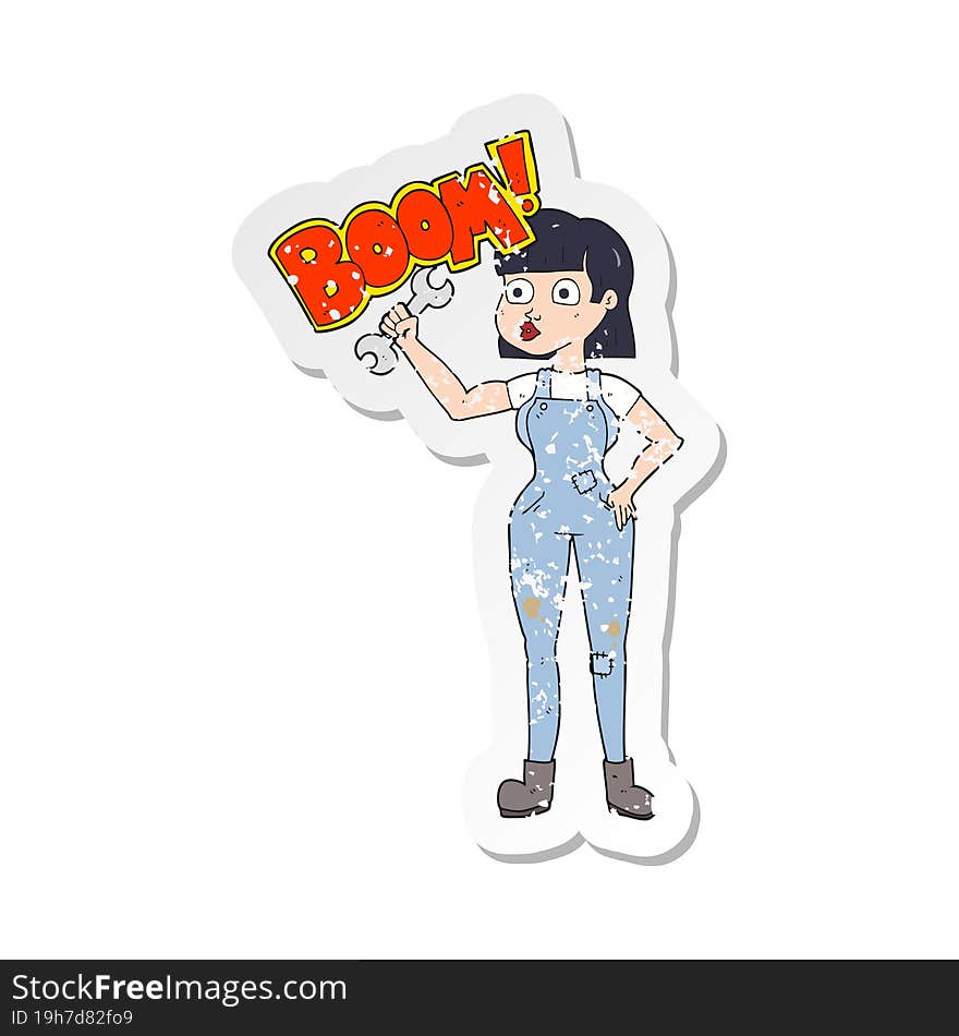 retro distressed sticker of a cartoon mechanic woman