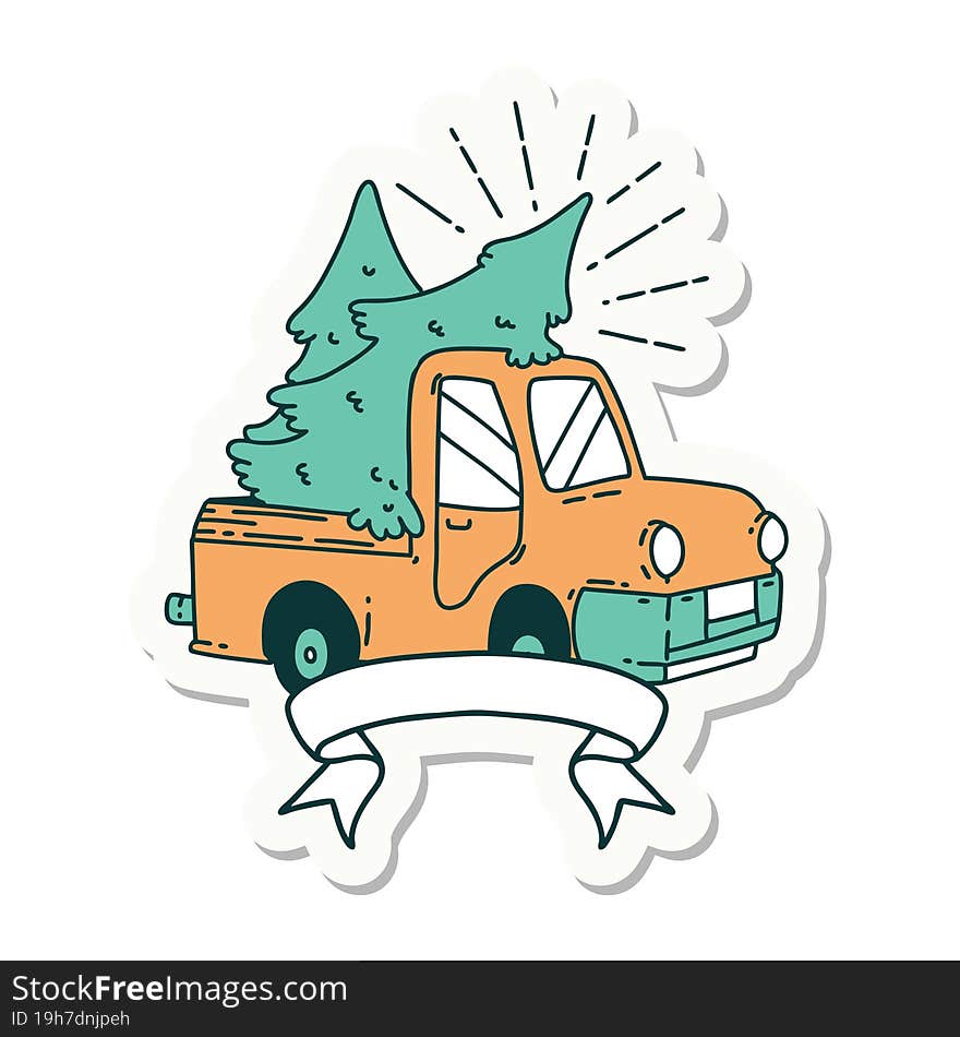 sticker of a tattoo style truck carrying trees