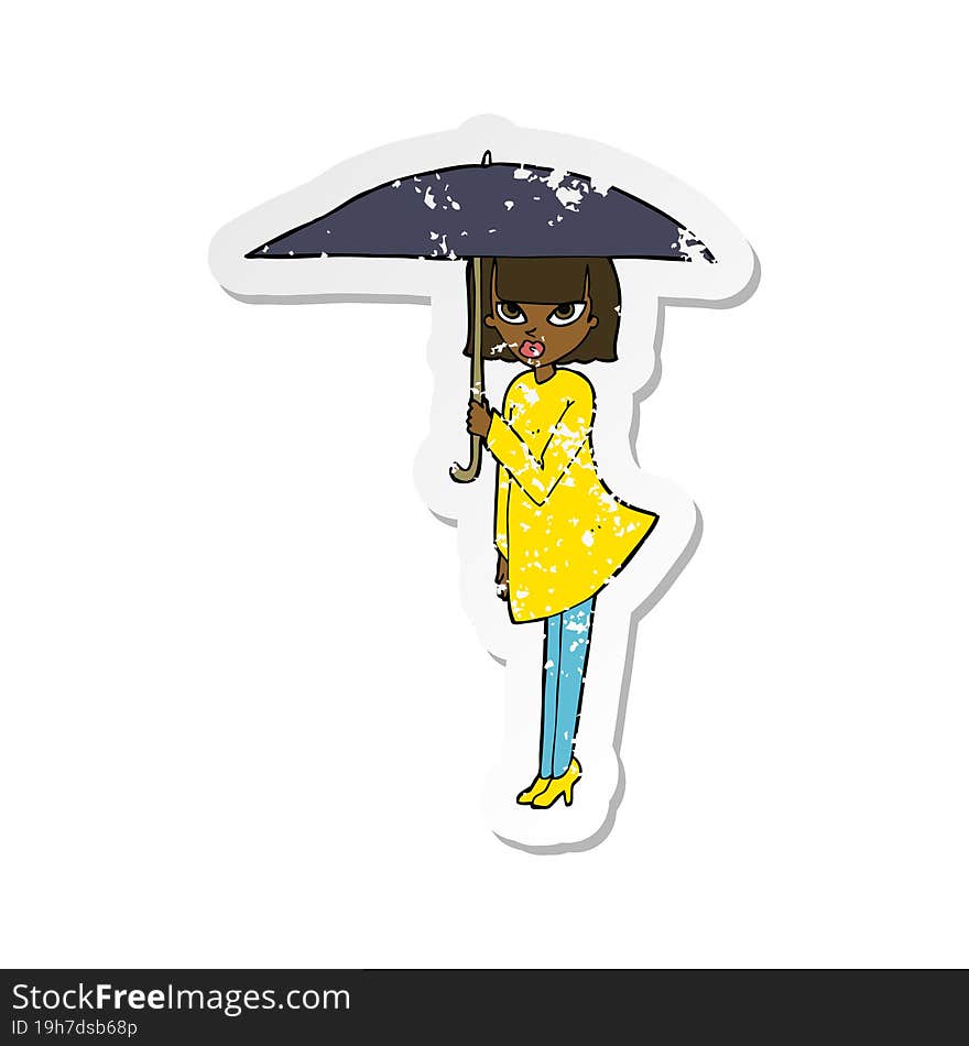 Retro Distressed Sticker Of A Cartoon Woman With Umbrella