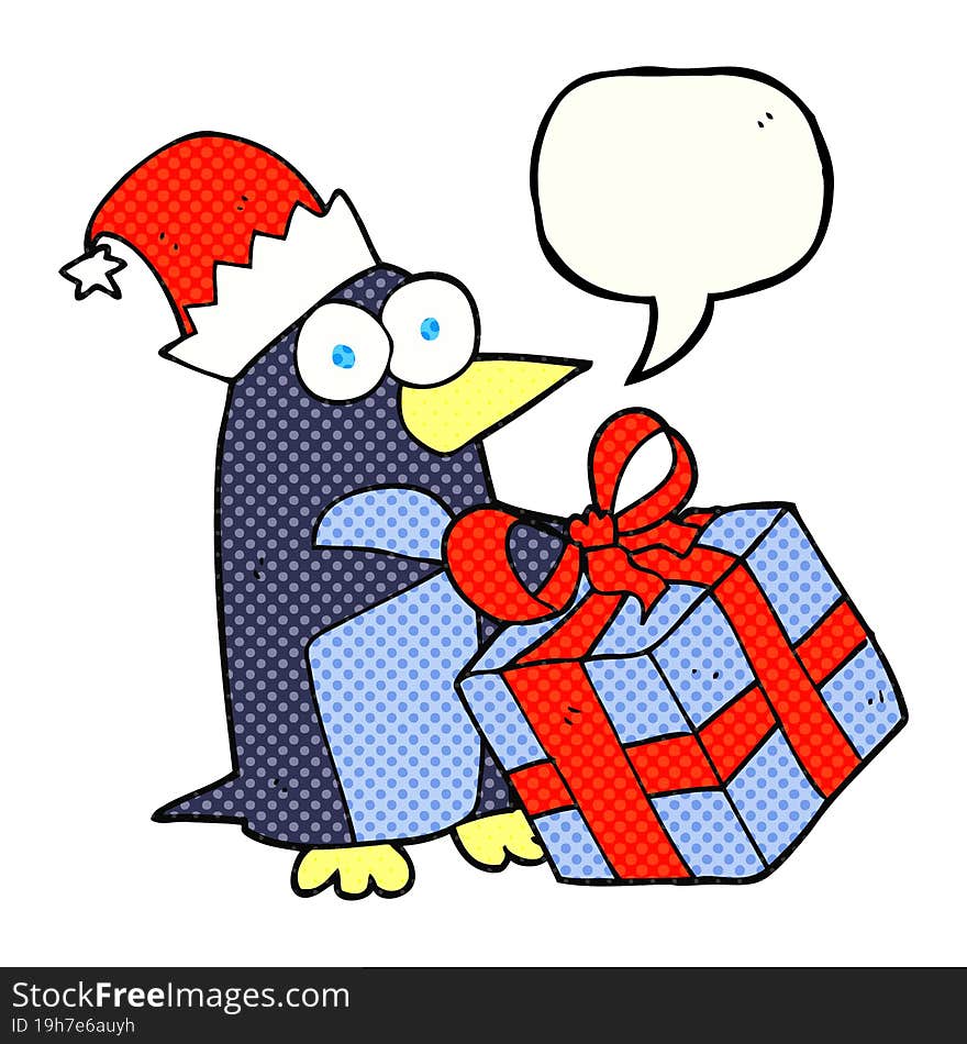 freehand drawn comic book speech bubble cartoon christmas penguin