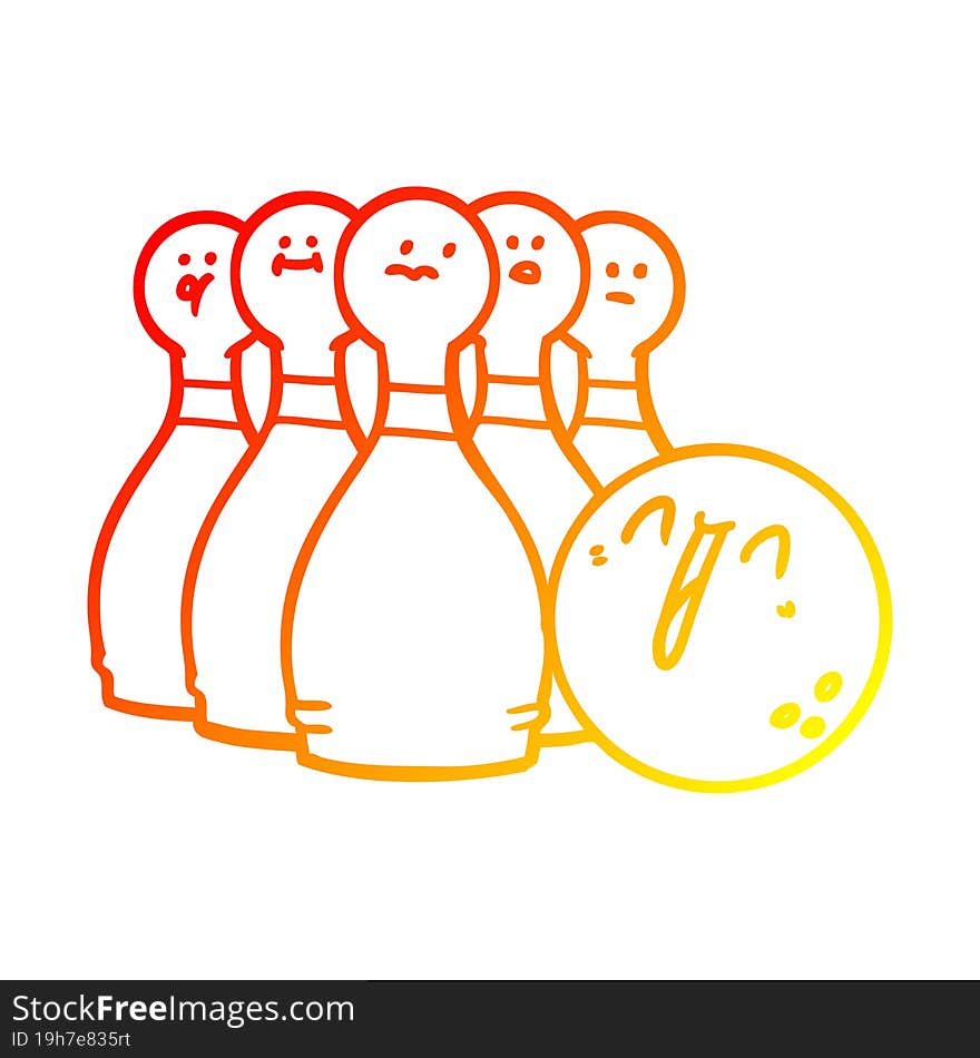 warm gradient line drawing of a cartoon laughing bowling ball and pins