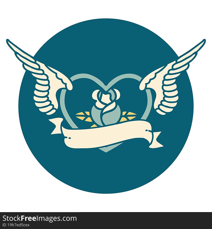 Tattoo Style Icon Of A Flying Heart With Flowers And Banner