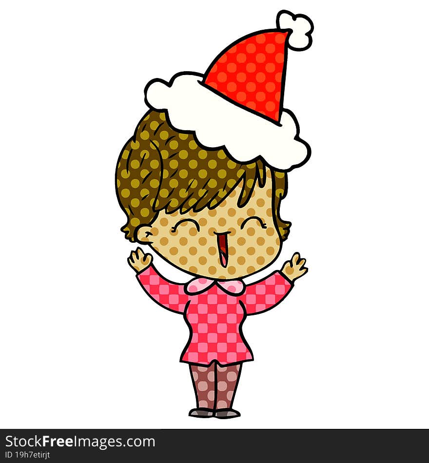 hand drawn comic book style illustration of a laughing woman wearing santa hat