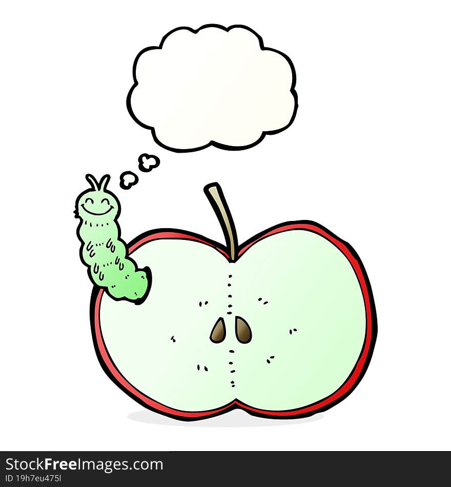 cartoon bug eating apple with thought bubble