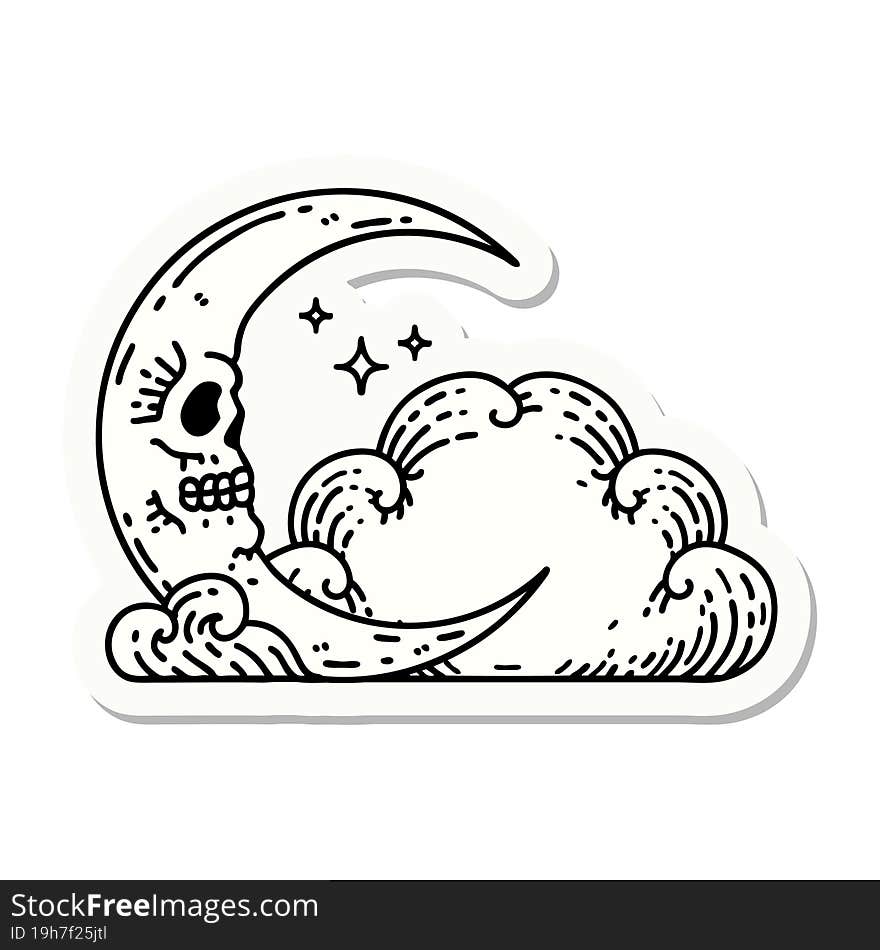 sticker of tattoo in traditional style of a skull crescent moon and clouds. sticker of tattoo in traditional style of a skull crescent moon and clouds