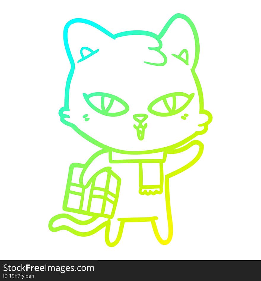 cold gradient line drawing cartoon cat with a present