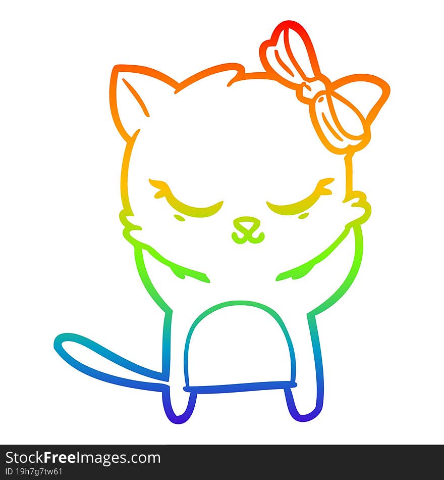 rainbow gradient line drawing cute cartoon cat with bow