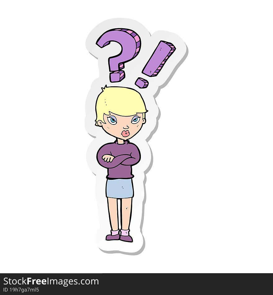 sticker of a cartoon woman asking question