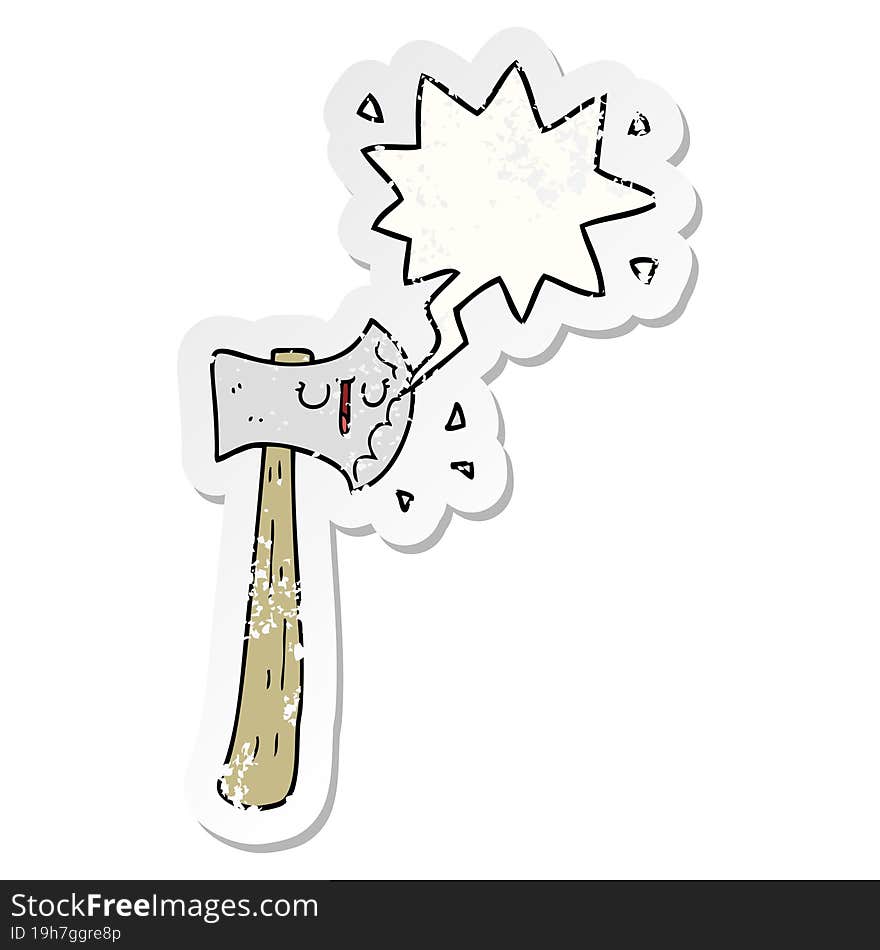 cartoon axe and speech bubble distressed sticker