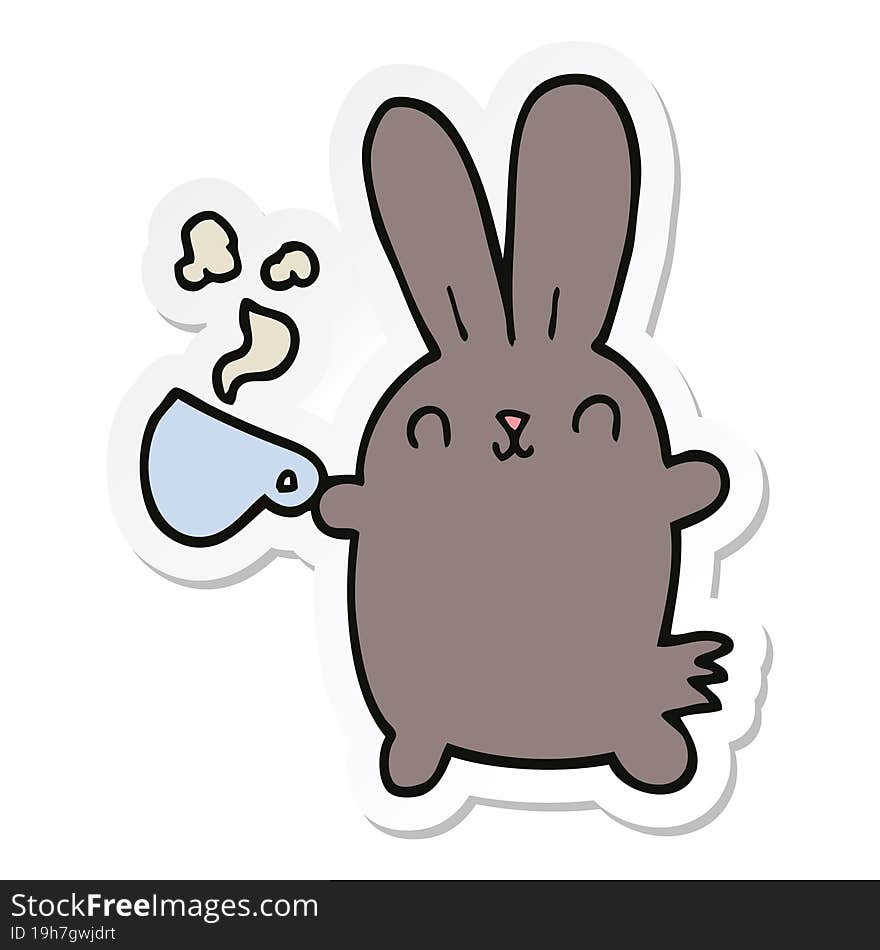 sticker of a cute cartoon rabbit with coffee cup