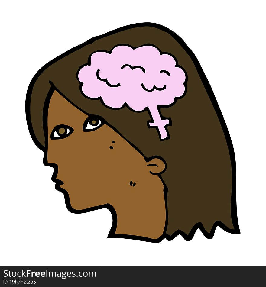 cartoon female head with brain symbol