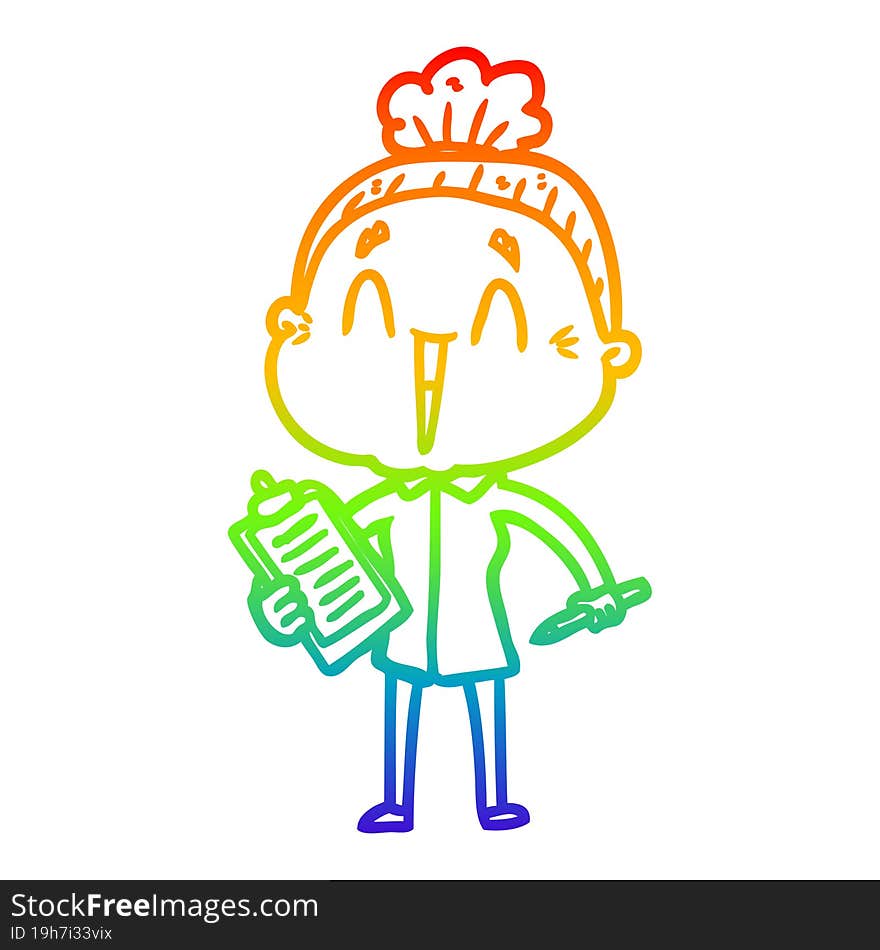 rainbow gradient line drawing of a cartoon happy old lady