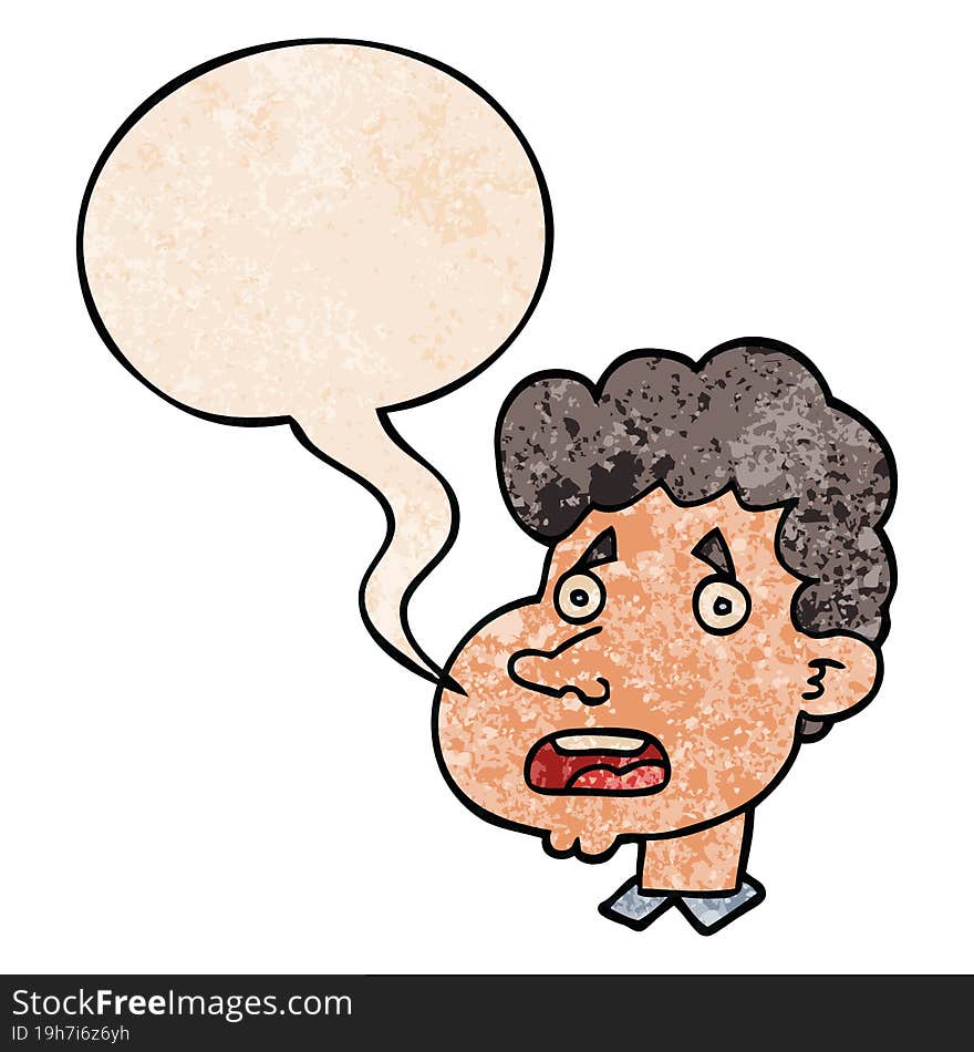 cartoon shocked man and speech bubble in retro texture style