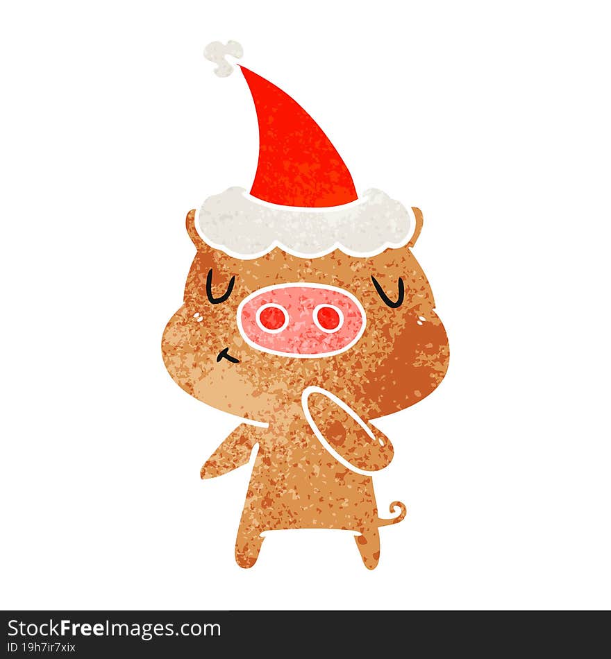 retro cartoon of a content pig wearing santa hat