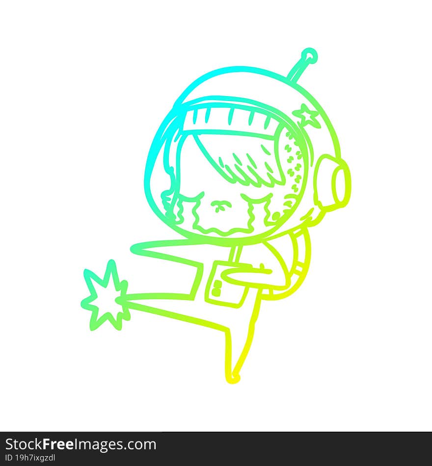 cold gradient line drawing cartoon crying astronaut girl kicking