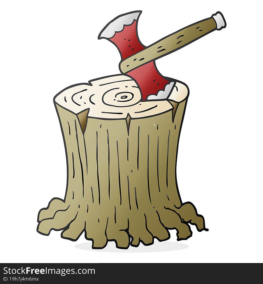 freehand drawn cartoon axe in tree stump