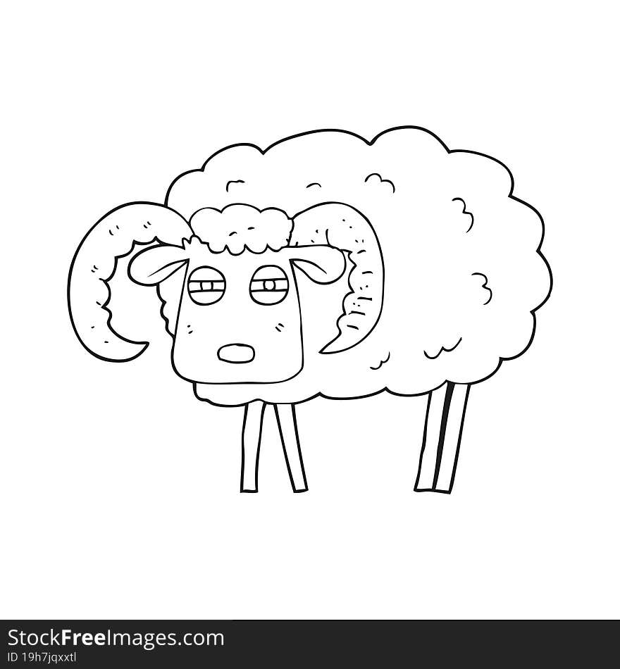 freehand drawn black and white cartoon ram covered in mud