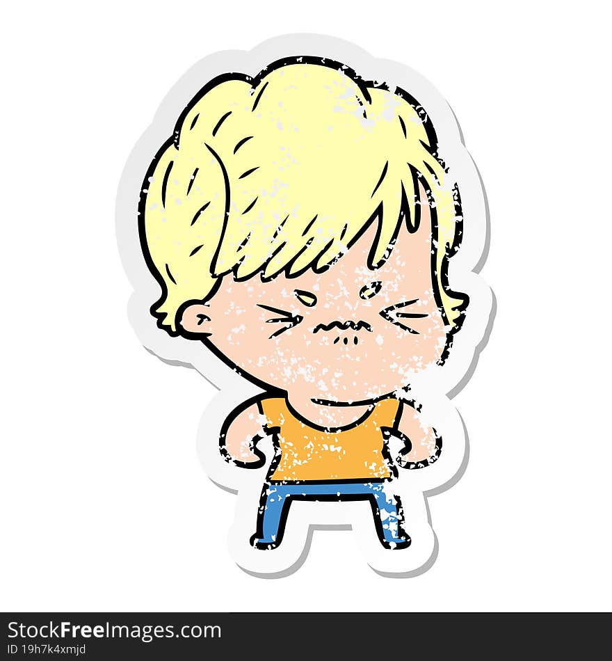 distressed sticker of a cartoon frustrated woman