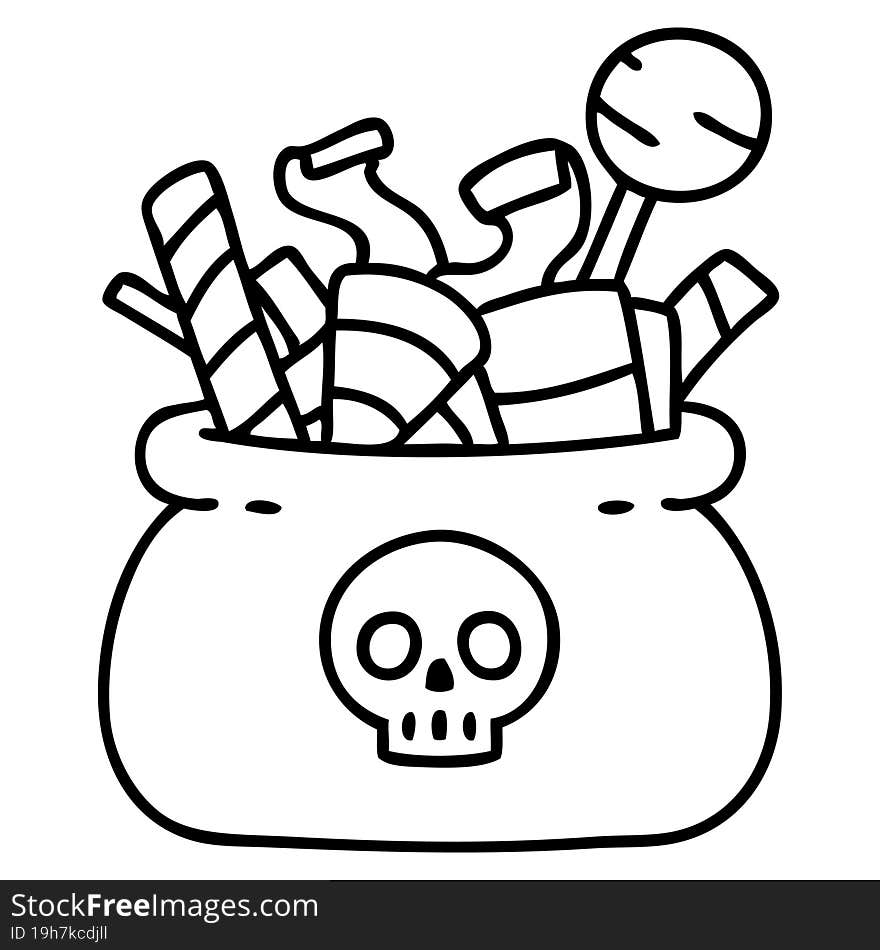 line doodle of a halloween candy bag full of treats. line doodle of a halloween candy bag full of treats