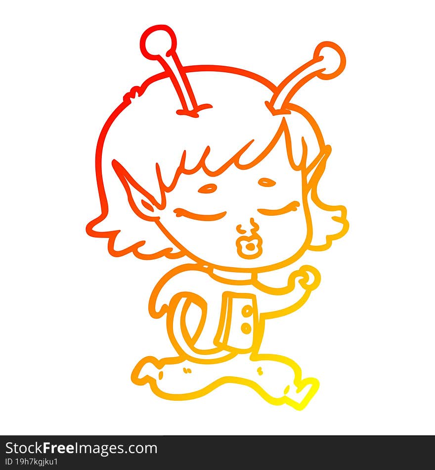 warm gradient line drawing of a cartoon alien girl