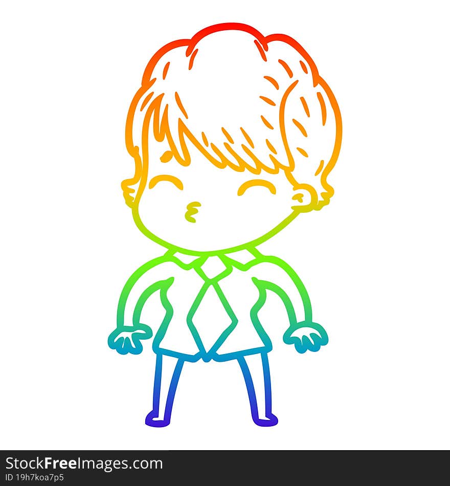 Rainbow Gradient Line Drawing Cartoon Woman Thinking