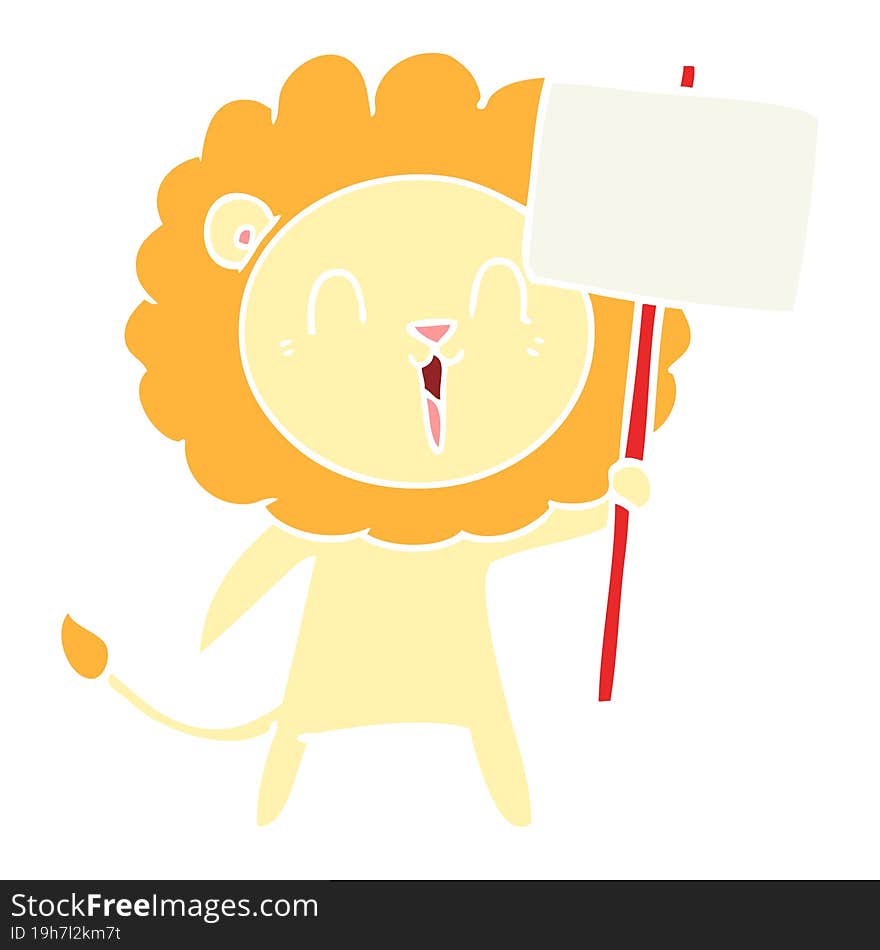 Laughing Lion Flat Color Style Cartoon With Placard