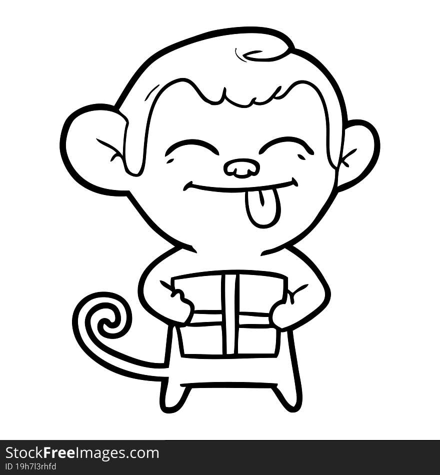 funny cartoon monkey with christmas present. funny cartoon monkey with christmas present