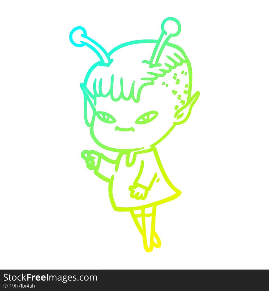 cold gradient line drawing of a cute cartoon alien girl