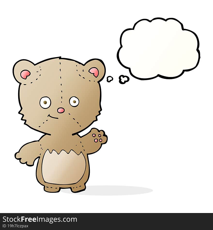 cartoon little teddy bear waving with thought bubble