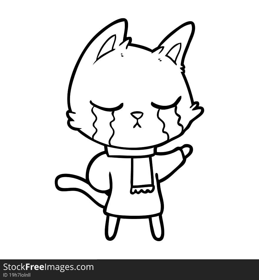 crying cartoon cat wearing winter clothes. crying cartoon cat wearing winter clothes