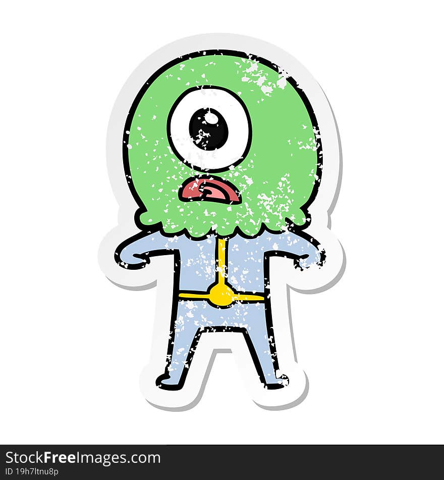 Distressed Sticker Of A Cartoon Cyclops Alien Spaceman