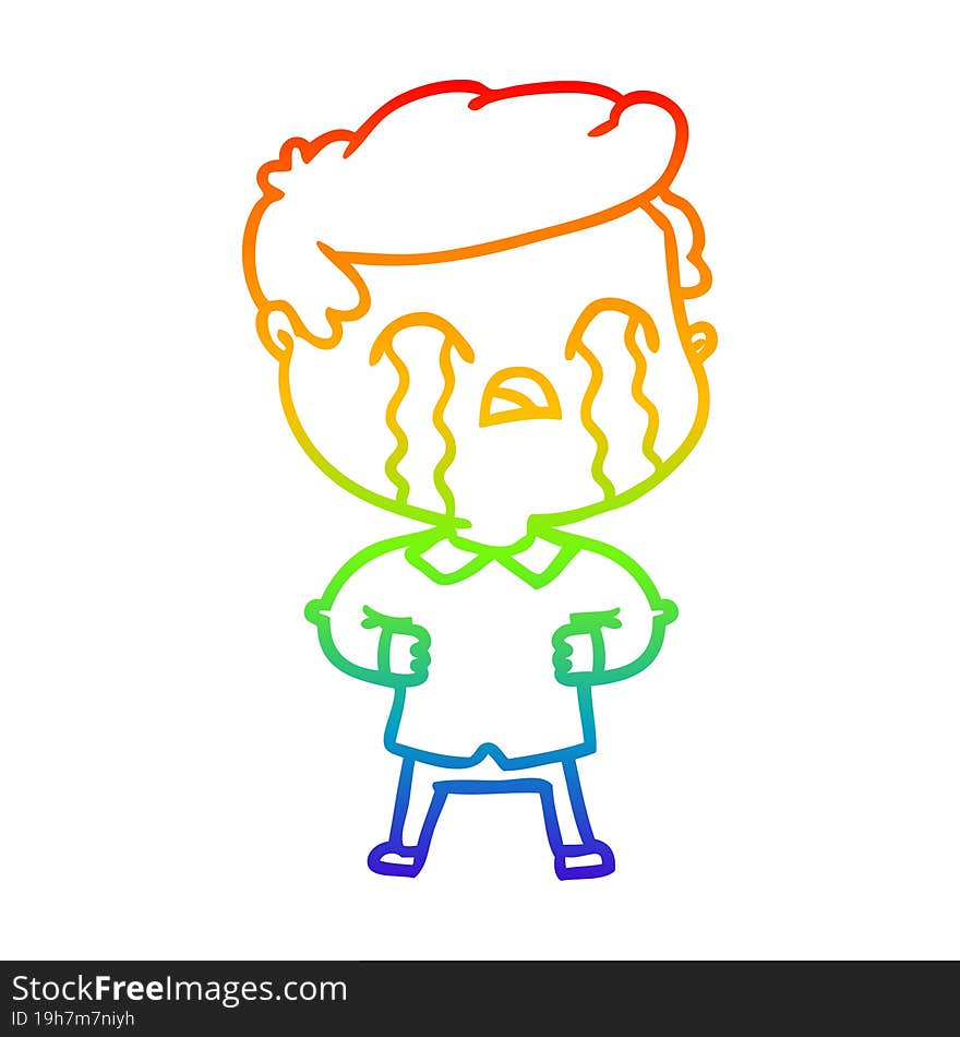 rainbow gradient line drawing of a cartoon man crying