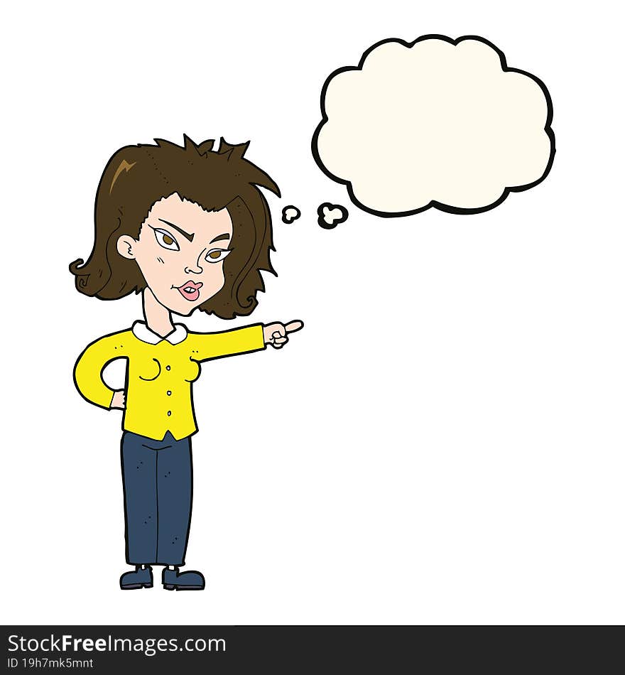 cartoon woman pointing with thought bubble