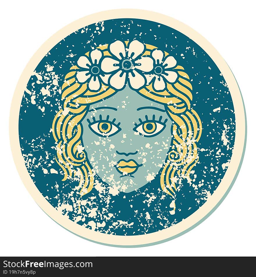 distressed sticker tattoo style icon of female face with crown of flowers