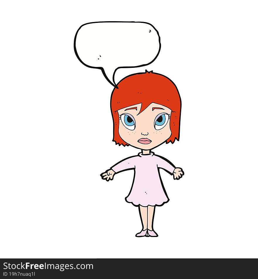 cartoon girl in dress with speech bubble