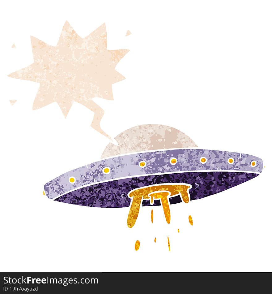 cartoon flying UFO and speech bubble in retro textured style