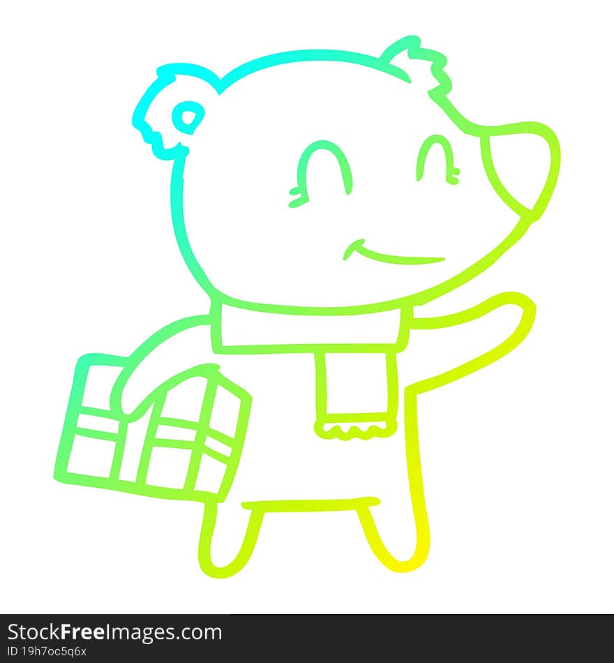 cold gradient line drawing friendly bear with xmas gift and scarf