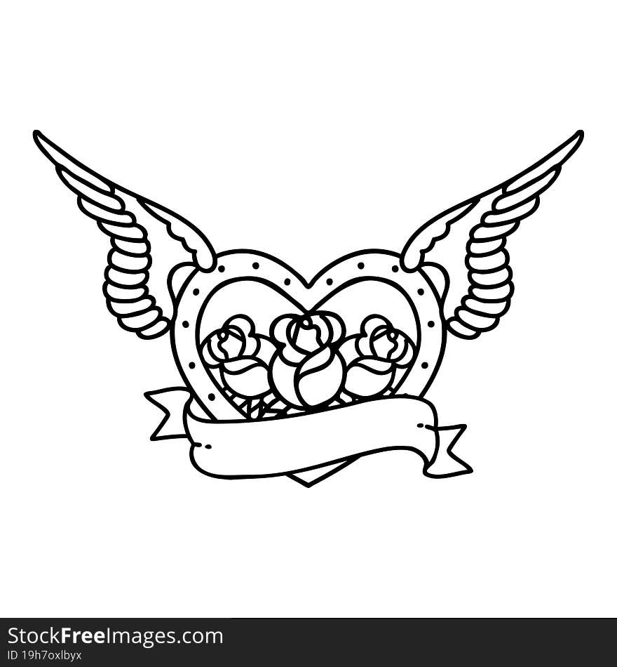 tattoo in black line style of a flying heart with flowers and banner. tattoo in black line style of a flying heart with flowers and banner