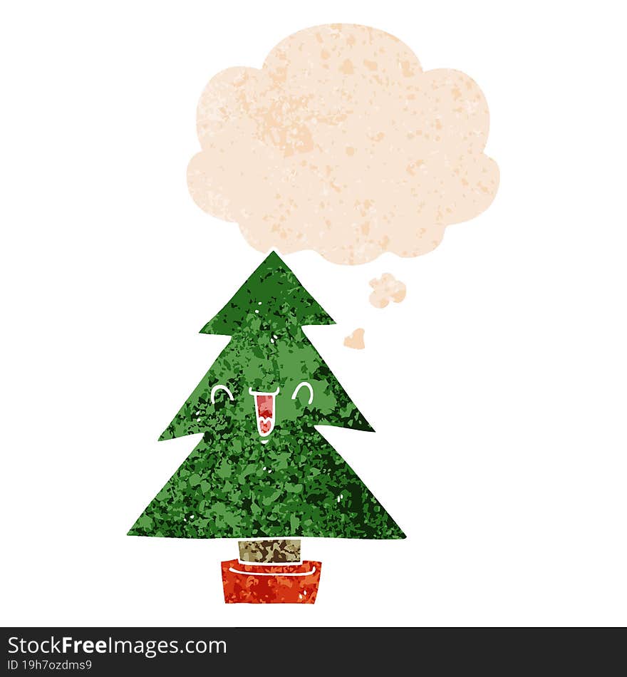 cartoon christmas tree and thought bubble in retro textured style