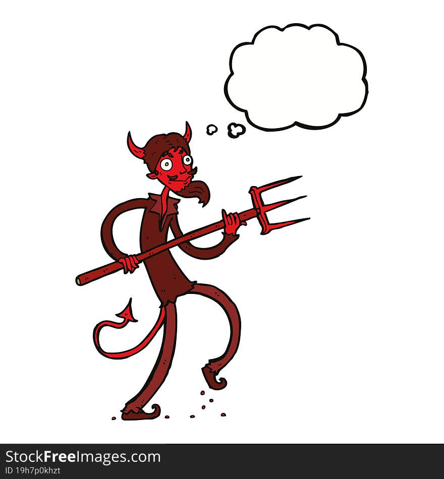 cartoon devil with pitchfork with thought bubble