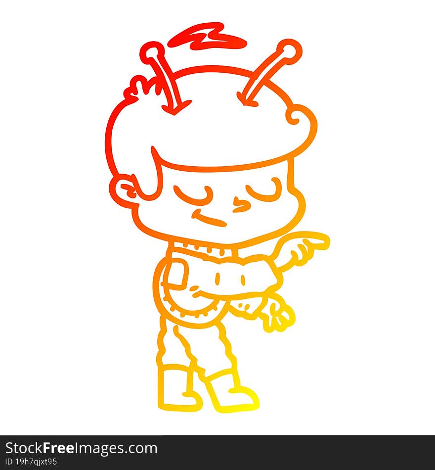 warm gradient line drawing friendly cartoon spaceman pointing